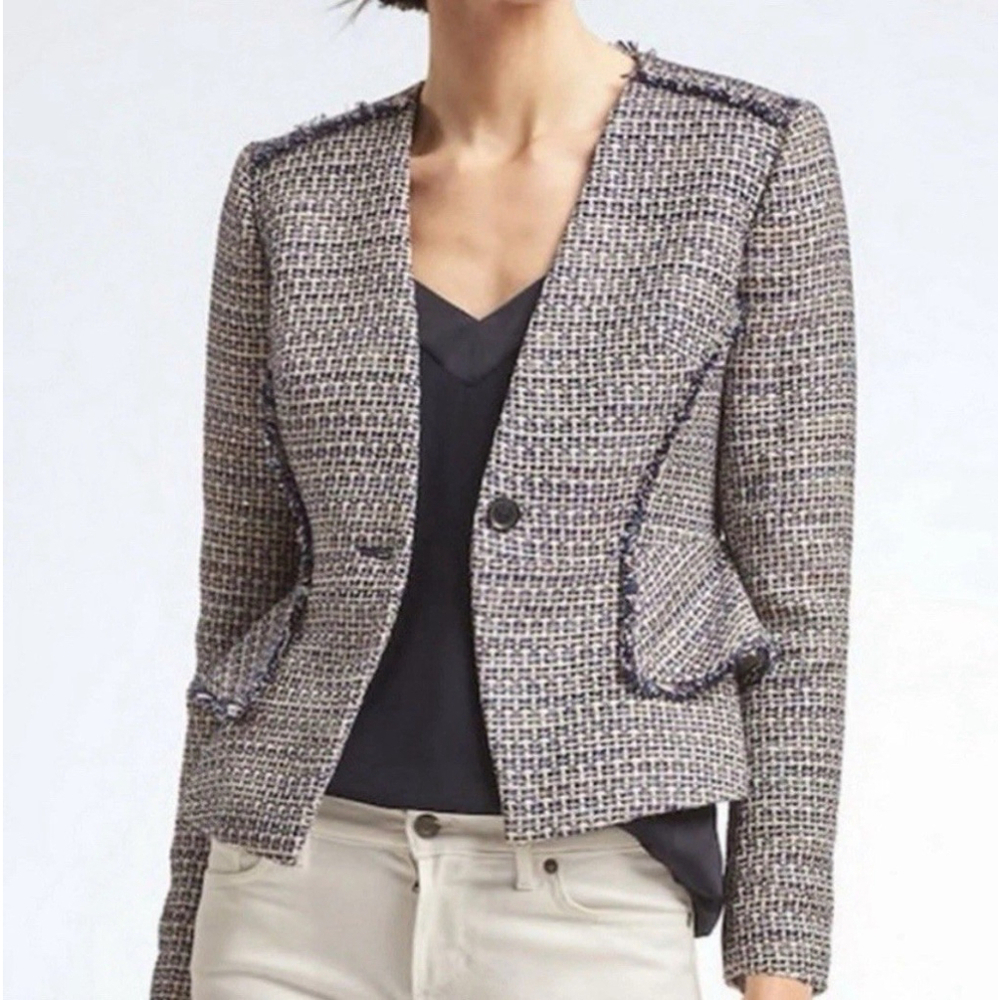 NWT Banana Republic Sequin Tweed Blazer Jacket Size:8 Peplum Fringe Cropped $288